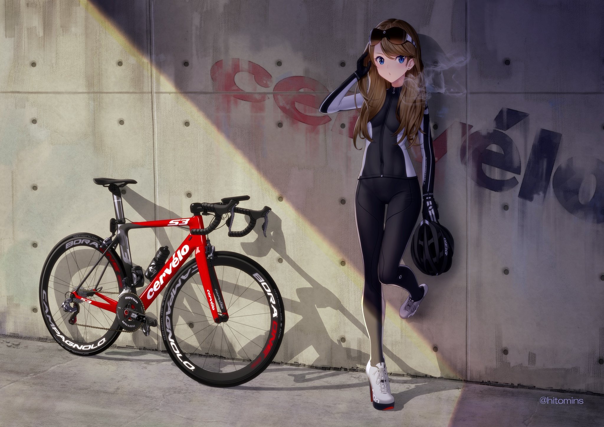 Brunette Long Hair Blue Eyes Anime Anime Girls Bicycle Glasses