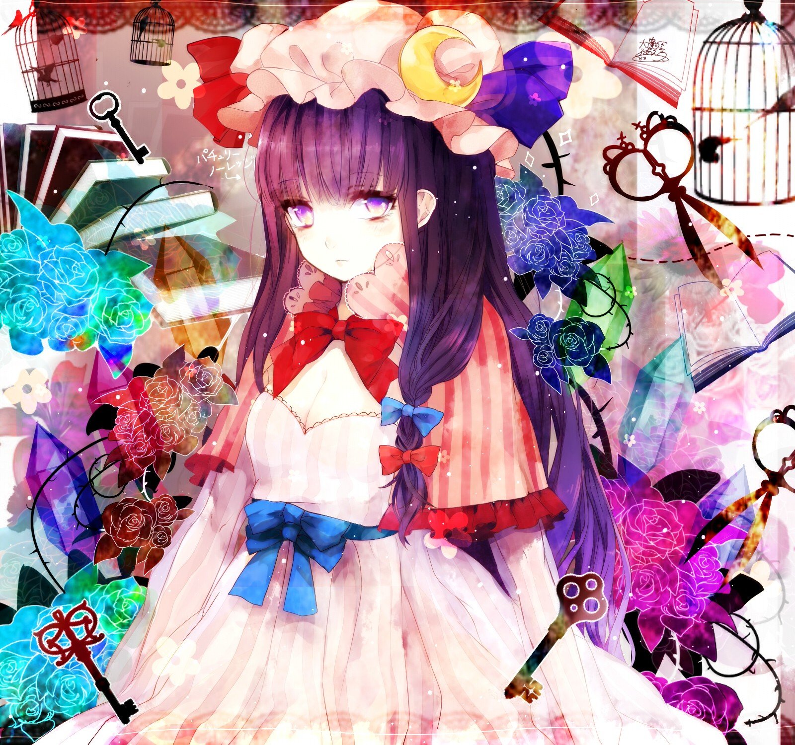 Patchouli Knowledge, Touhou, Anime, Anime girls, Flowers, Keys, Cages, Crystal, Birds Wallpaper