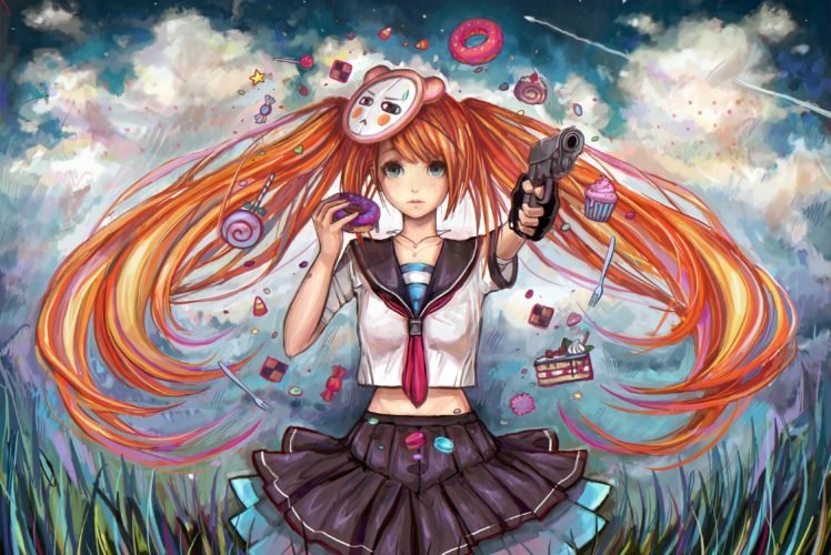 anime girls, School uniform, Gun, Original characters HD Wallpaper Desktop Background