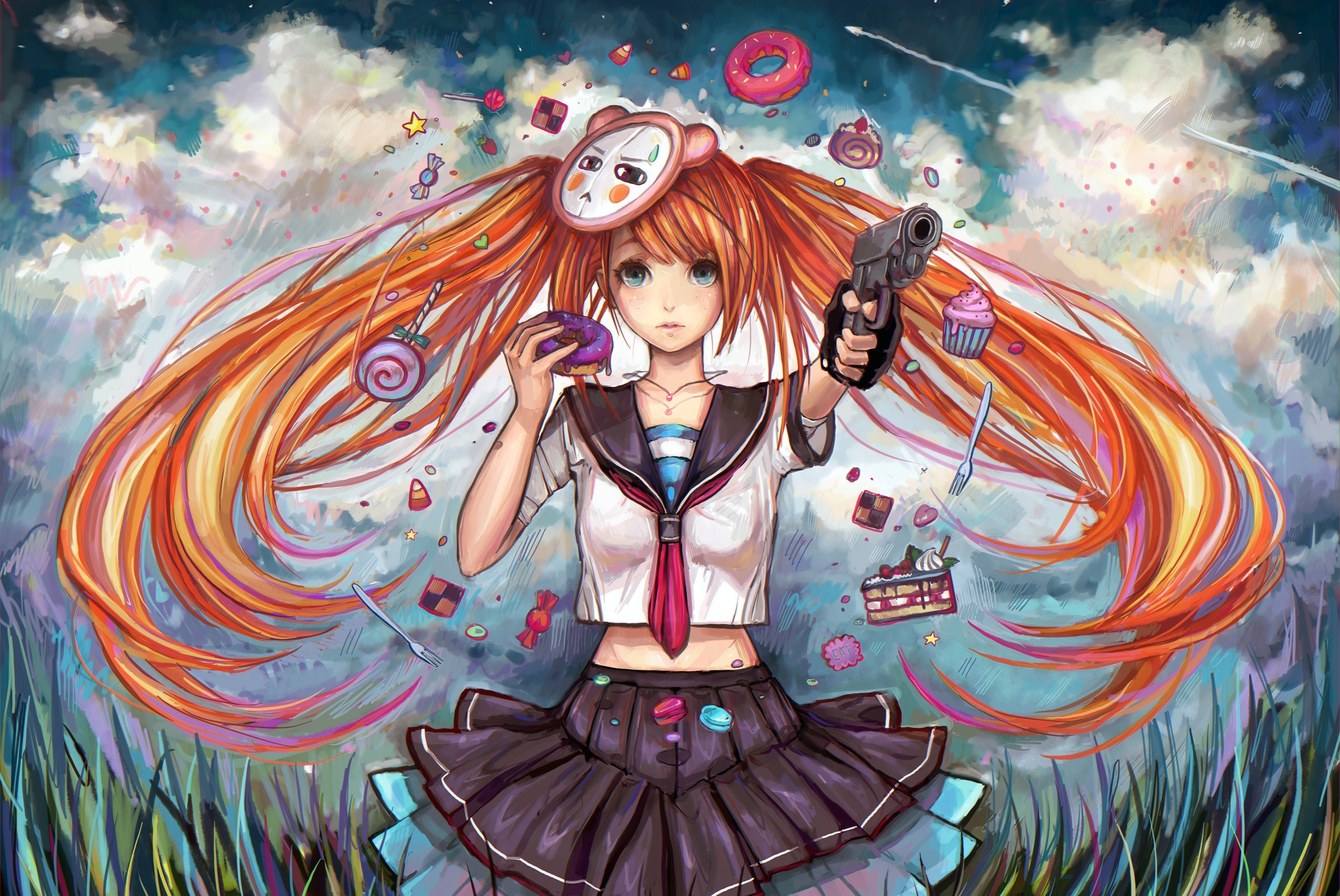 anime girls, School uniform, Gun, Original characters Wallpaper