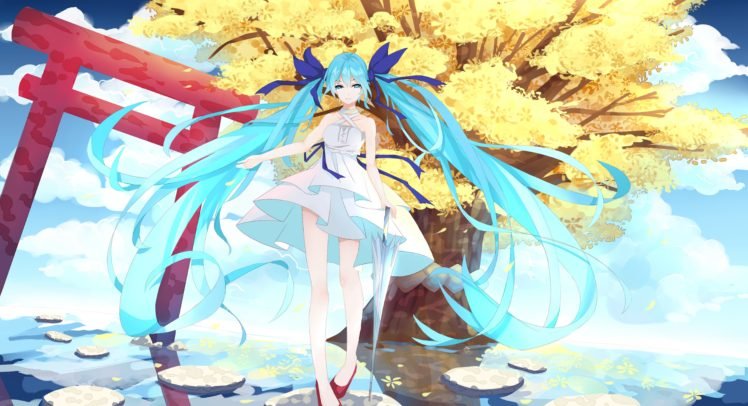 Vocaloid, Hatsune Miku, Water, Sky, Clouds, Trees HD Wallpaper Desktop Background