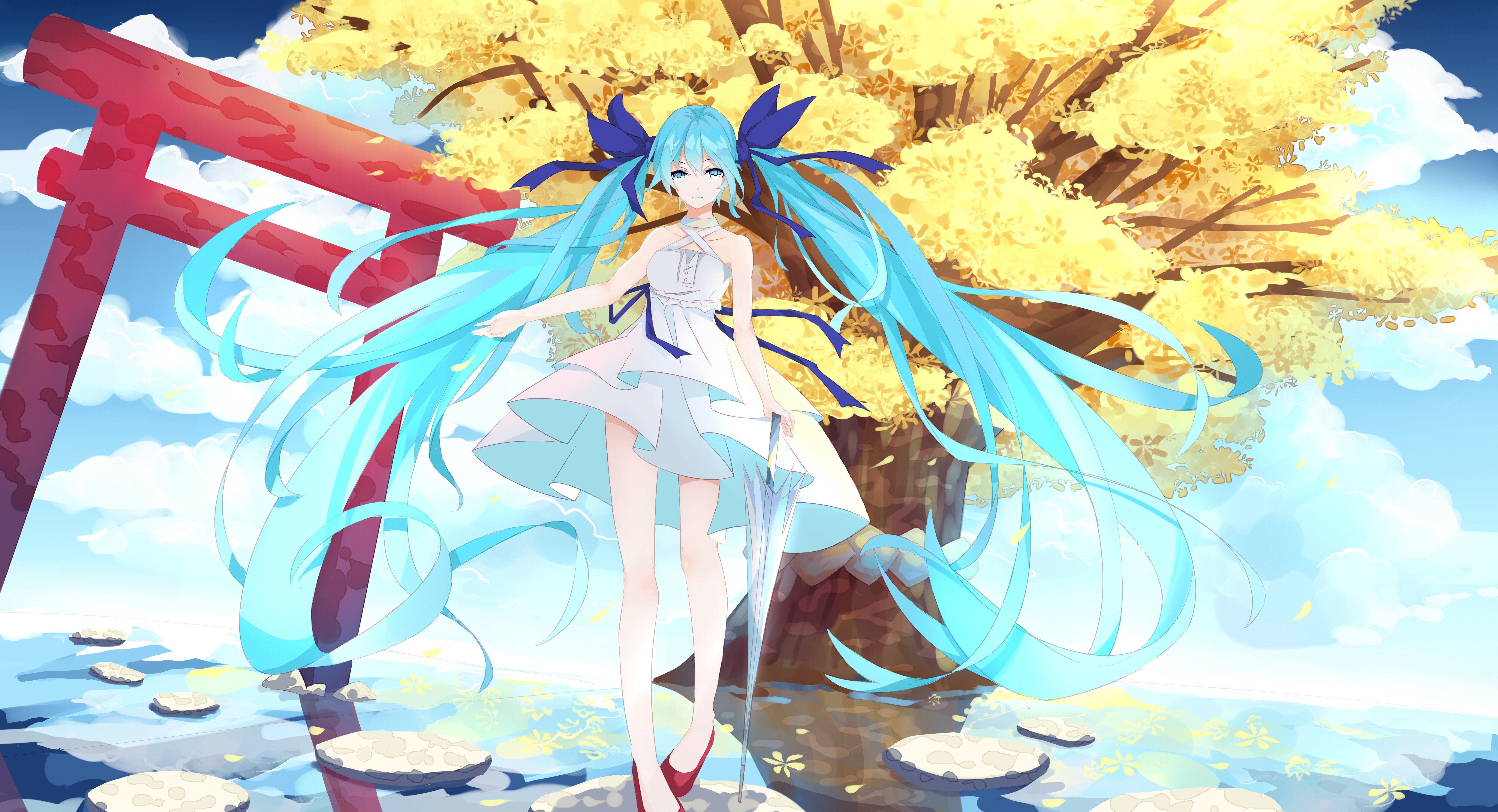 Vocaloid, Hatsune Miku, Water, Sky, Clouds, Trees Wallpaper
