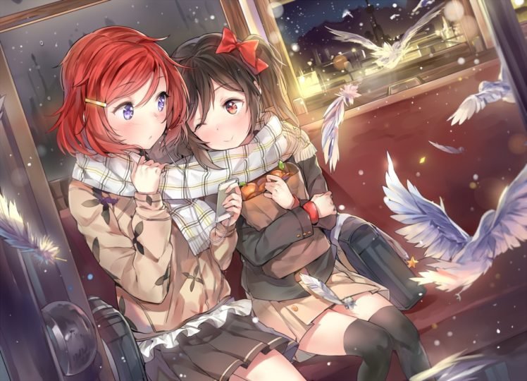 birds, Anime, Anime girls, Snow, Snow flakes, Feathers, Love Live!, Yazawa Nico, Nishikino Maki HD Wallpaper Desktop Background