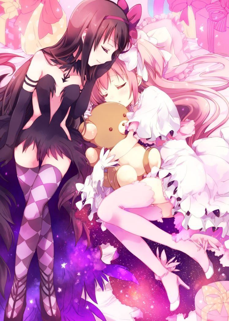 Mahou Shoujo Madoka Magica, Kaname Madoka, Akemi Homura, Anime, Anime girls, Teddy bears HD Wallpaper Desktop Background