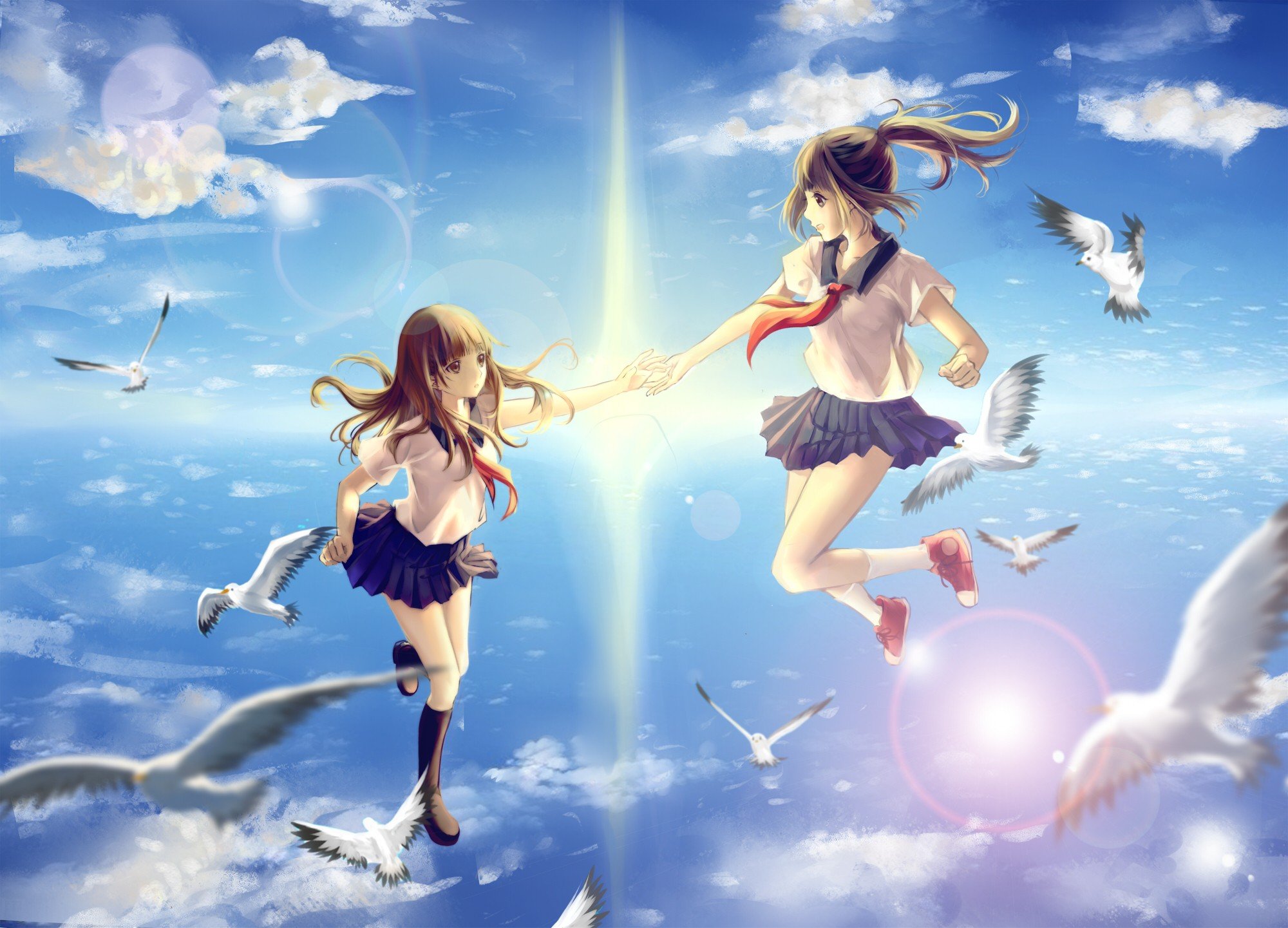 anime girls, School uniform, Original characters, Flying, Birds Wallpaper
