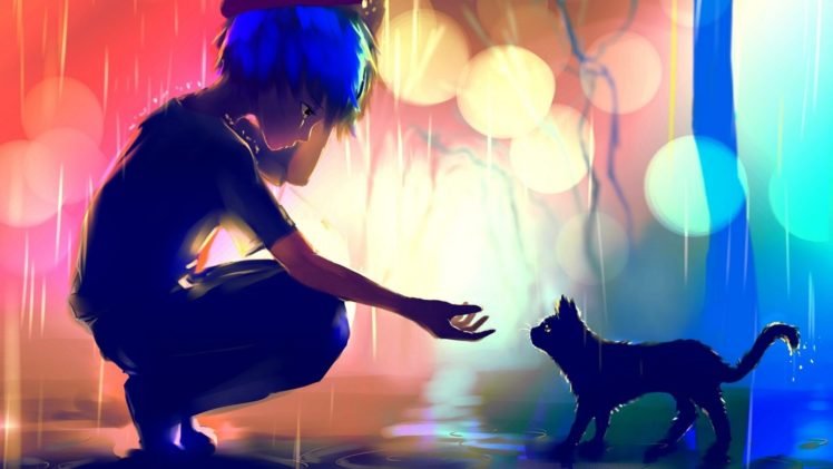 artwork, Fantasy art, Digital art, Rain, Cat, Colorful HD Wallpaper Desktop Background