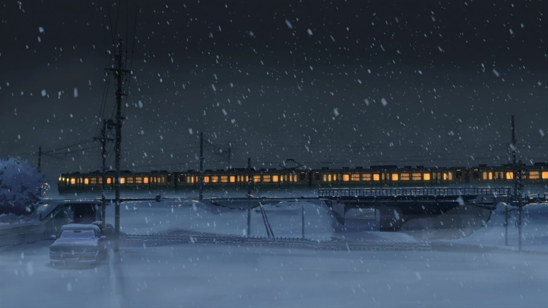 digital art, Anime, Night, Power lines, Train, Snow, Winter, 5 Centimeters Per Second, Utility pole Wallpaper