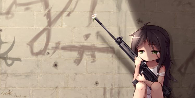 original characters, Brunette, Green eyes, Anime girls, Gun, Weapon HD Wallpaper Desktop Background