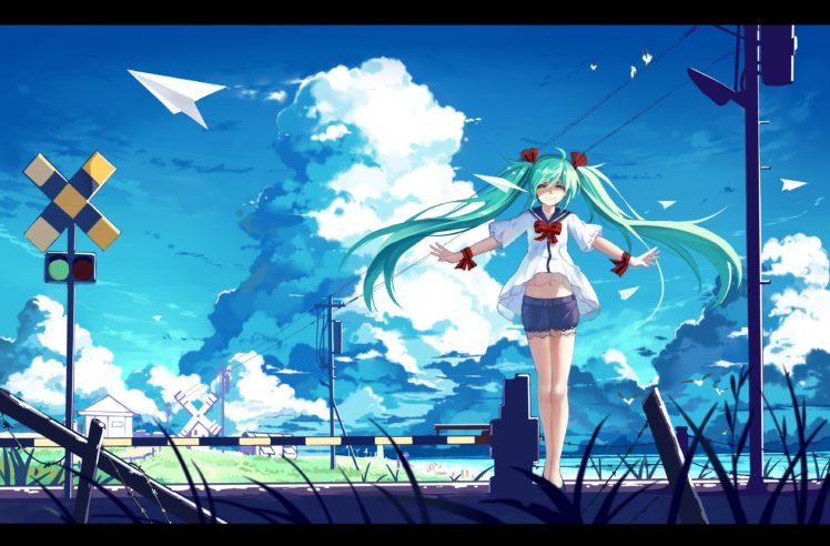 Vocaloid, Hatsune Miku, Anime girls, Twintails, Clouds, Paperplanes HD Wallpaper Desktop Background