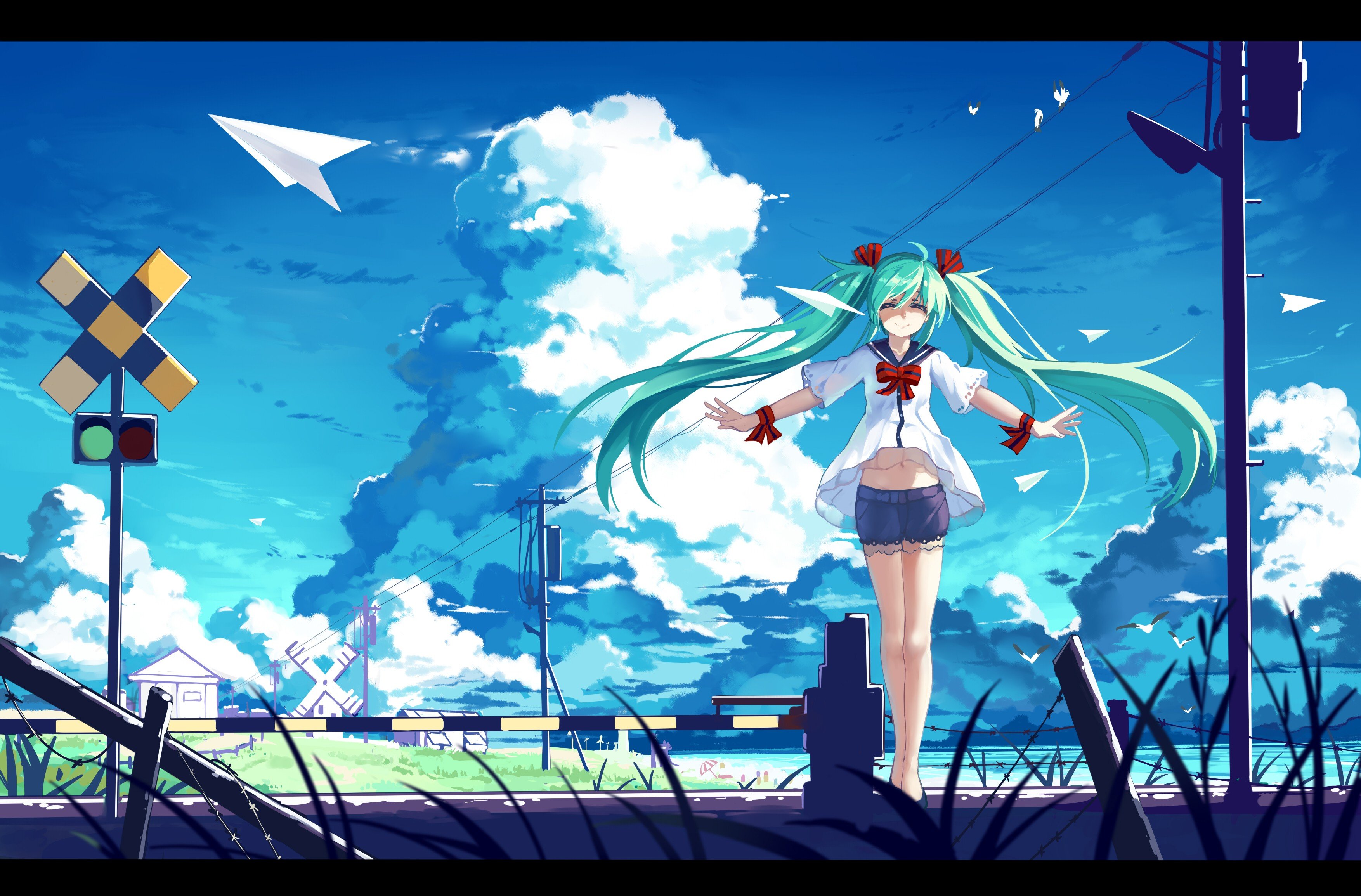 Vocaloid, Hatsune Miku, Anime girls, Twintails, Clouds, Paperplanes Wallpaper