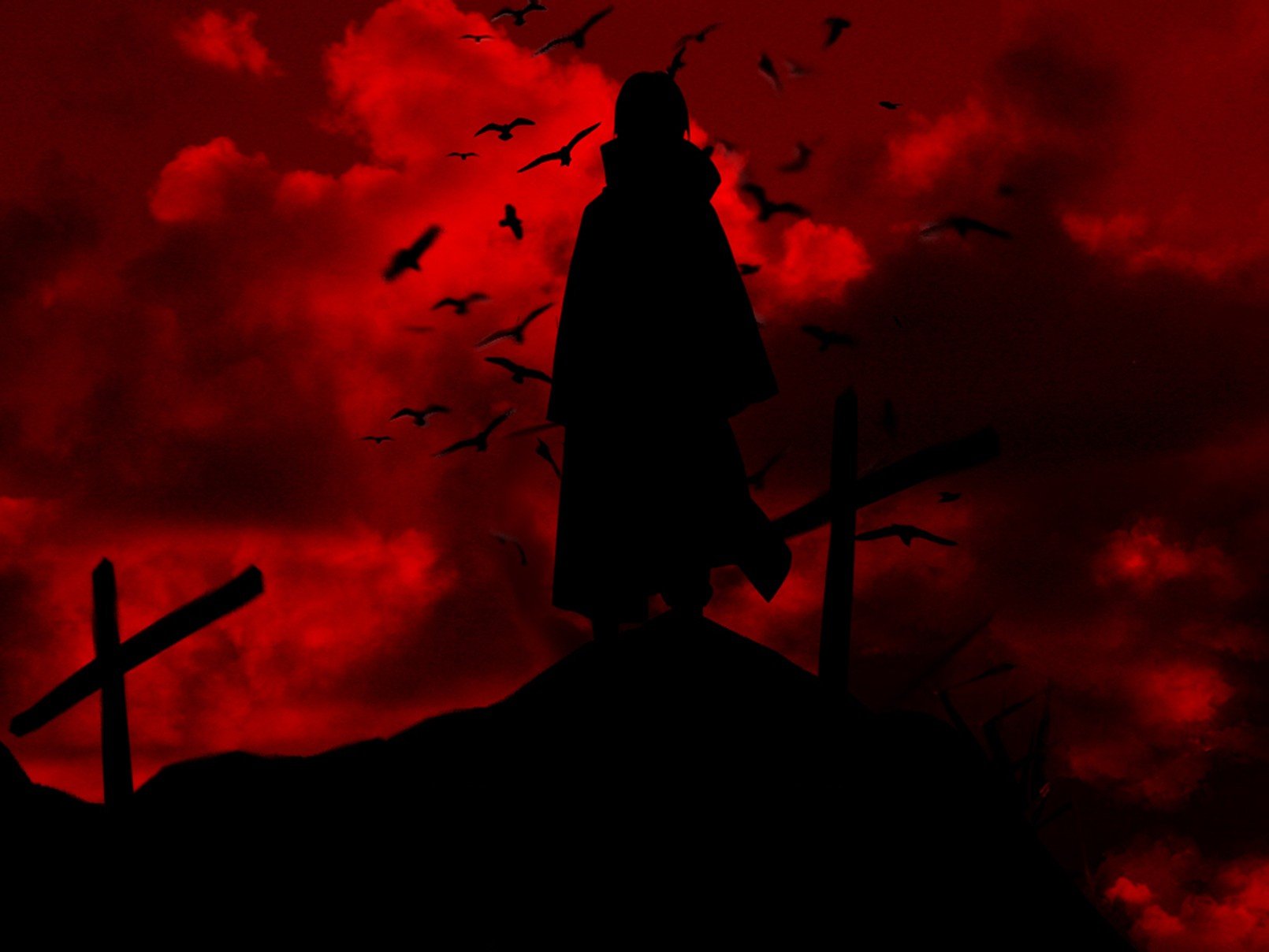 silhouette, Uchiha Itachi, Red, Raven, Cross Wallpaper
