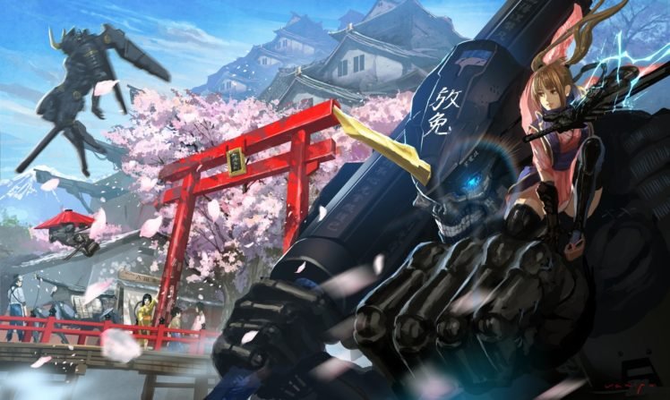original characters, Samurai, Robot, Mech, Cherry blossom HD Wallpaper Desktop Background