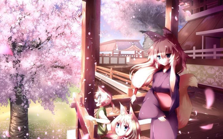 anime girls, Inumimi, Animal ears, Cherry blossom, Traditional clothing, Original characters HD Wallpaper Desktop Background