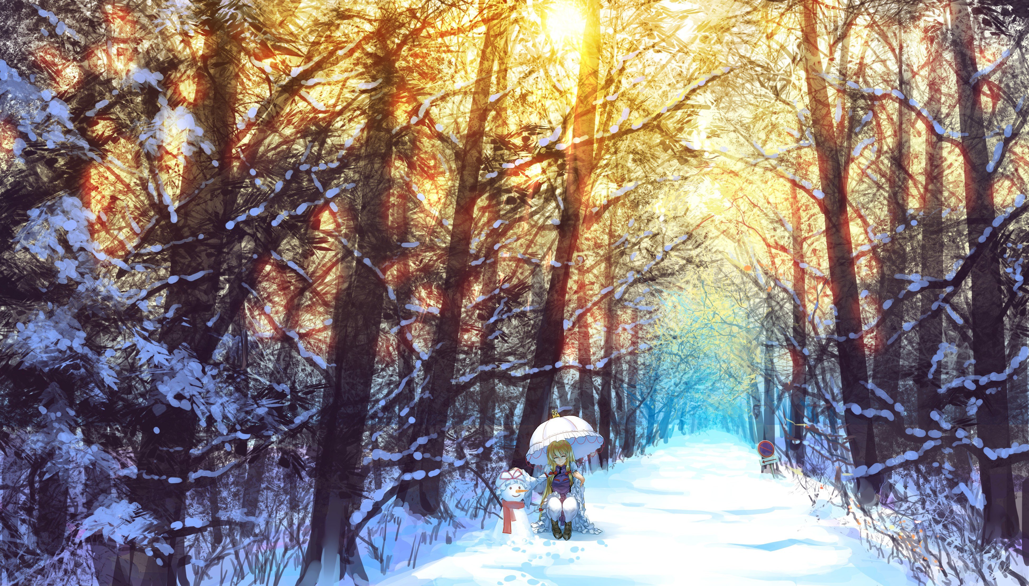 Yakumo Yukari, Touhou, Snow, Winter, Umbrella, Trees Wallpaper