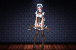 anime, Blood, Anime girls, Axes, Maid outfit, Red eyes, Blue hair, Original characters