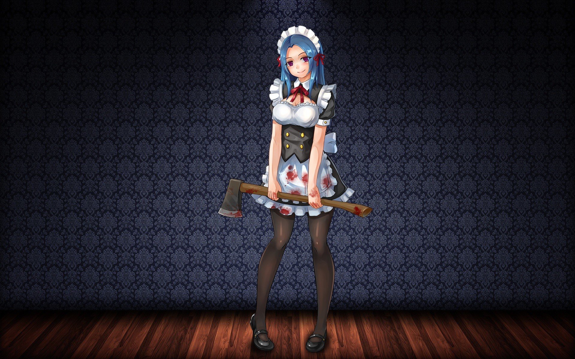 anime, Blood, Anime girls, Axes, Maid outfit, Red eyes, Blue hair