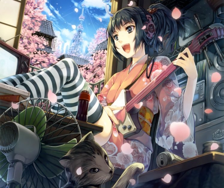 anime girls, Black hair, Headphones, Guitar, Thigh highs, Traditional clothing, Kimono, Original characters HD Wallpaper Desktop Background