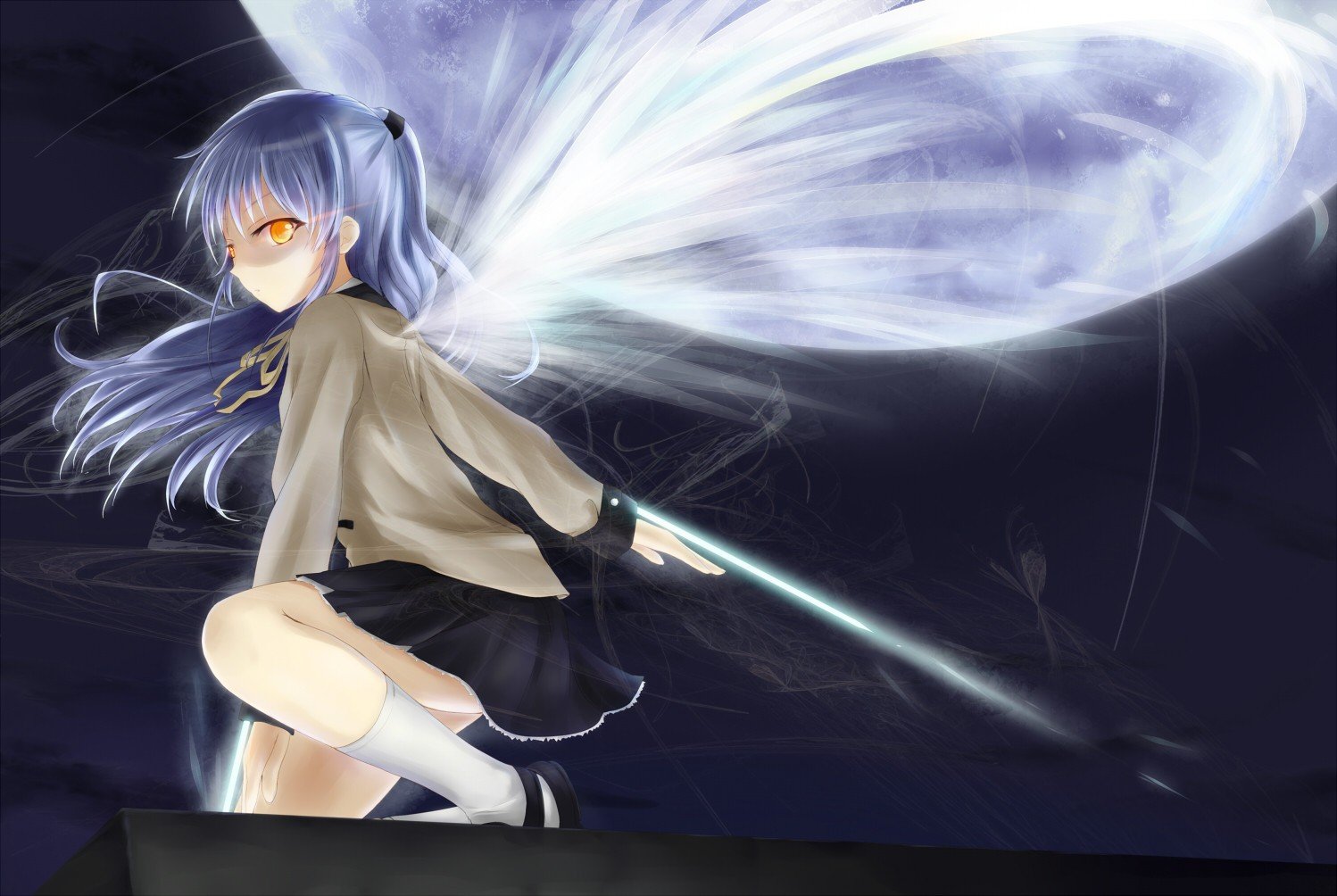 Angel Beats!, Tachibana Kanade, Anime girls, White hair, Moon, Night, Orange eyes, Long hair, Angel, Wings, School uniform Wallpaper