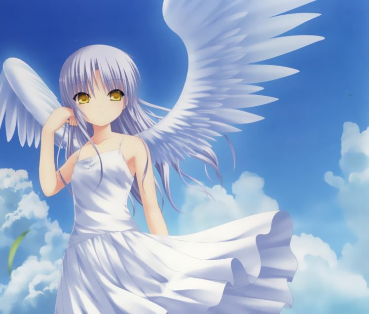 Angel Beats!, Tachibana Kanade, Anime girls, White hair, Wings, Orange eyes HD Wallpaper Desktop Background