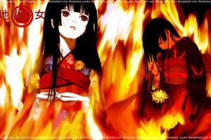 Jigoku Shoujo, Anime girls, Black hair, Kimono, Fire, Logo, Long hair, Flowers
