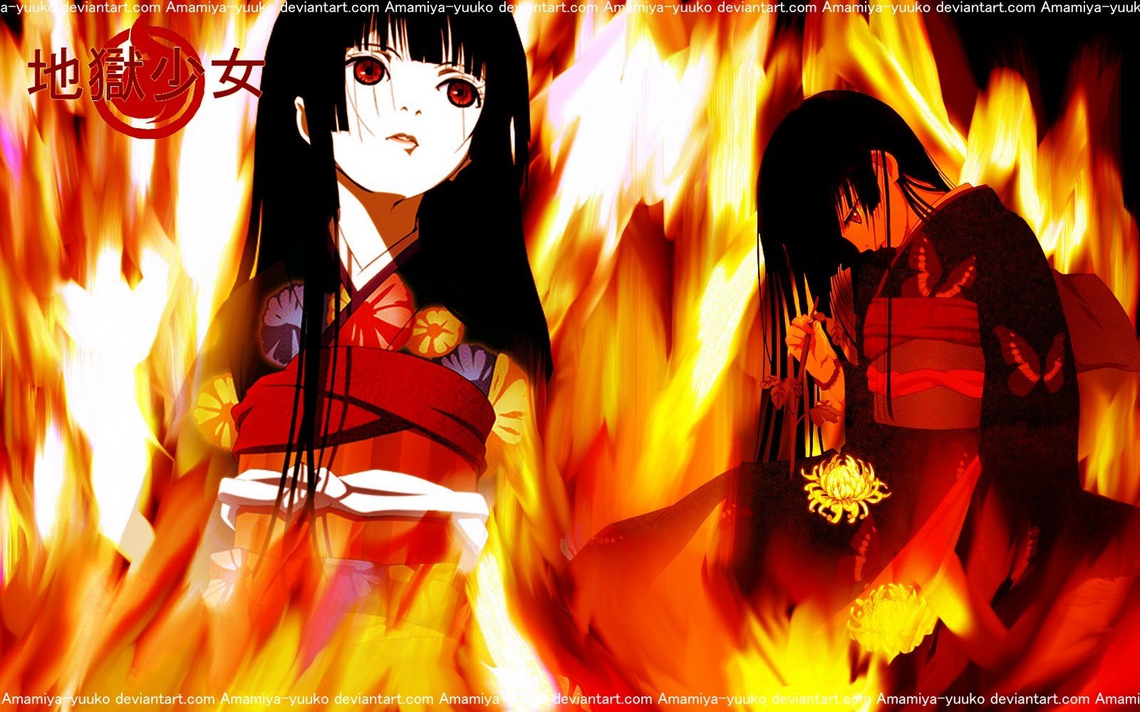 Jigoku Shoujo, Anime girls, Black hair, Kimono, Fire, Logo, Long hair, Flowers Wallpaper