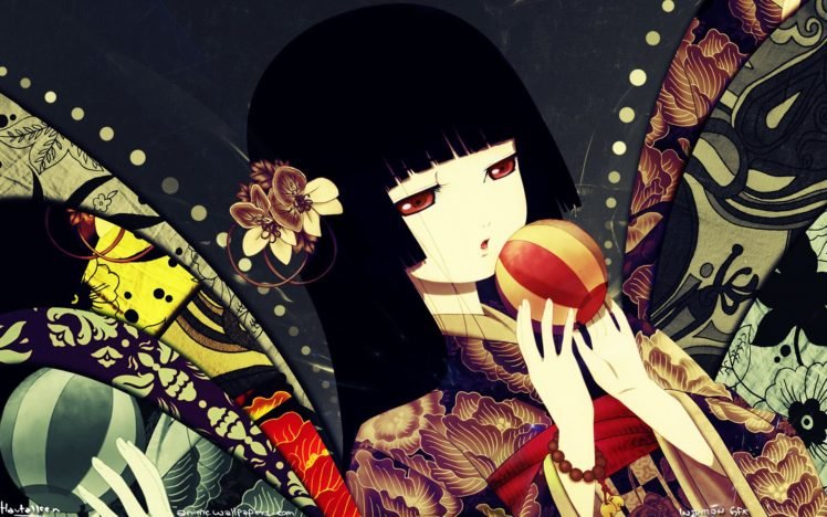 Jigoku Shoujo, Anime girls, Black hair, Long hair, Balloons, Flowers HD Wallpaper Desktop Background