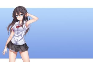 anime, Anime girls, Simple background, School uniform, Black hair, Skirt, Long hair, Original characters, Blue eyes