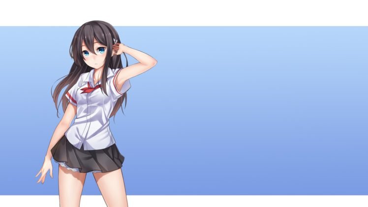 anime, Anime girls, Simple background, School uniform, Black hair, Skirt, Long hair, Original characters, Blue eyes HD Wallpaper Desktop Background