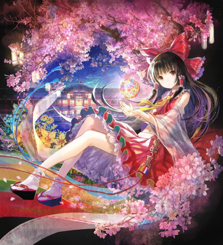 Touhou Hakurei Reimu Trees Petals Water Sky Anime Girls