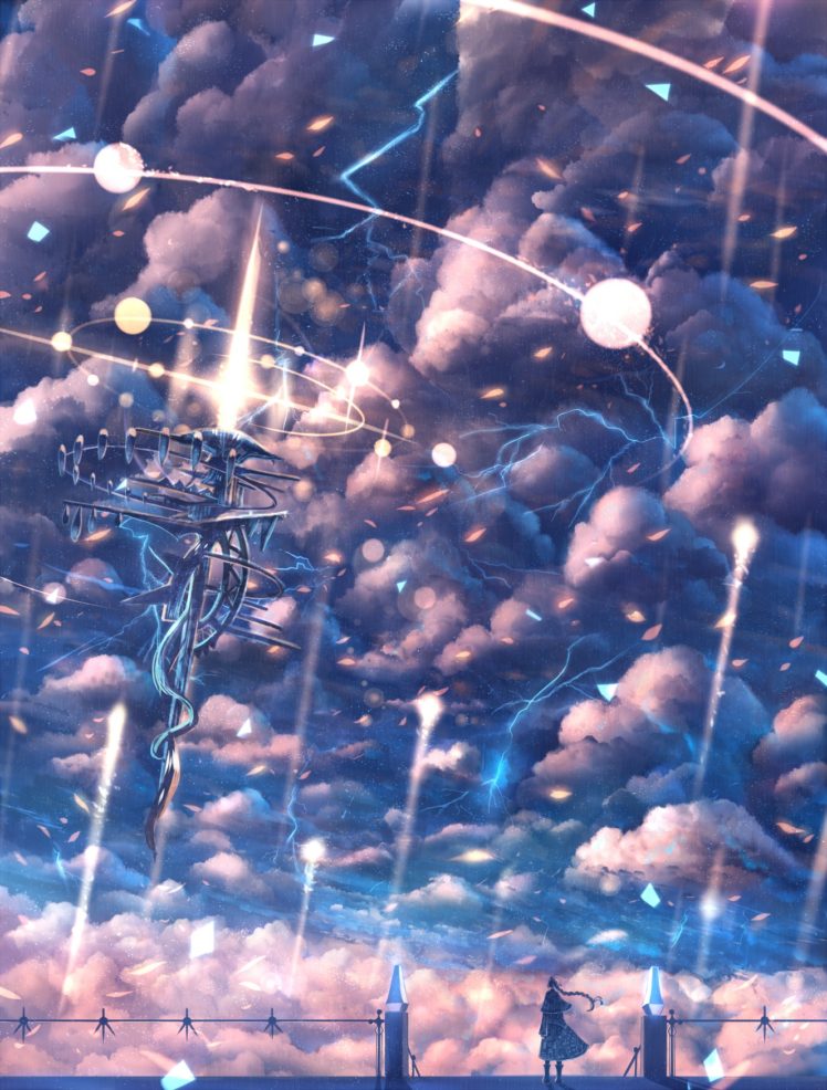 sky, Clouds, Lightning, Rain, Original characters, Anime, Anime girls HD Wallpaper Desktop Background