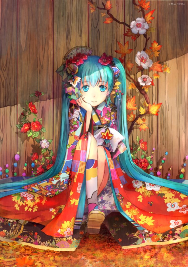 Vocaloid, Hatsune Miku, Flowers, Petals, Traditional clothing, Anime girls, Anime, Kimono HD Wallpaper Desktop Background
