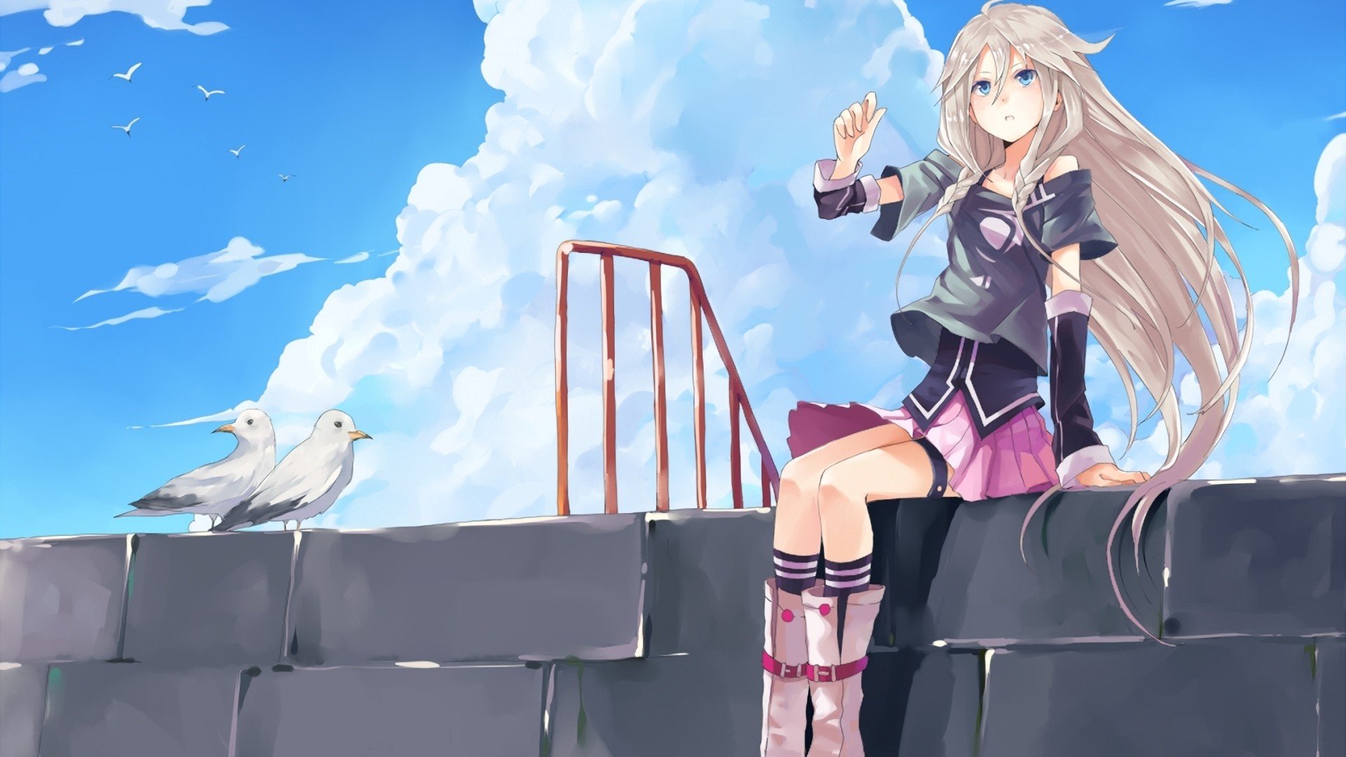 anime, Vocaloid, IA (Vocaloid), Pigeons, Clouds Wallpaper