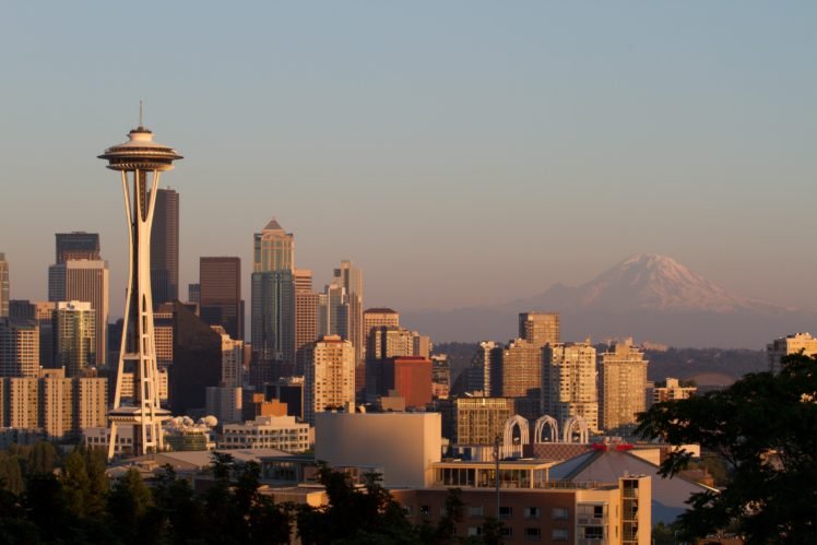 Seattle, Cityscape, Mount Rainier, Space Needle, Sunset HD Wallpaper Desktop Background