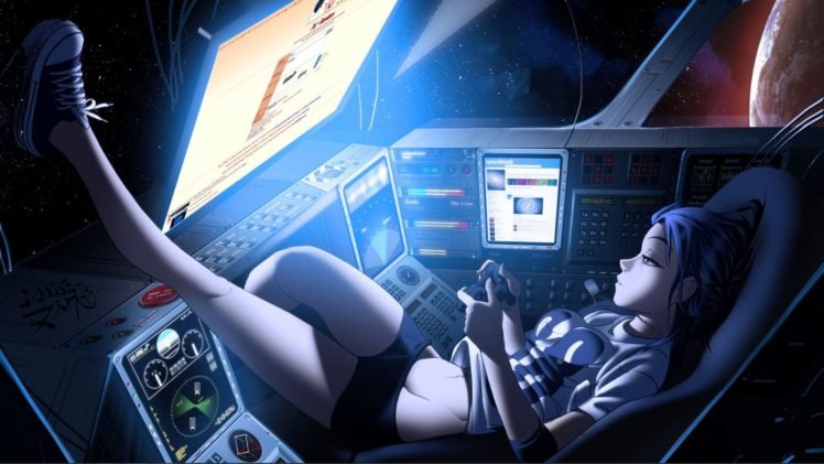 women, Vashperado, Belly, Artwork, Anime, Video games, 88 Girl, Drawing, Futuristic, Space, Space station, Colorful, Anime girls, PlayStation 3, Space Invaders, Spaceship, Zero gravity, Cockpit, Controllers HD Wallpaper Desktop Background