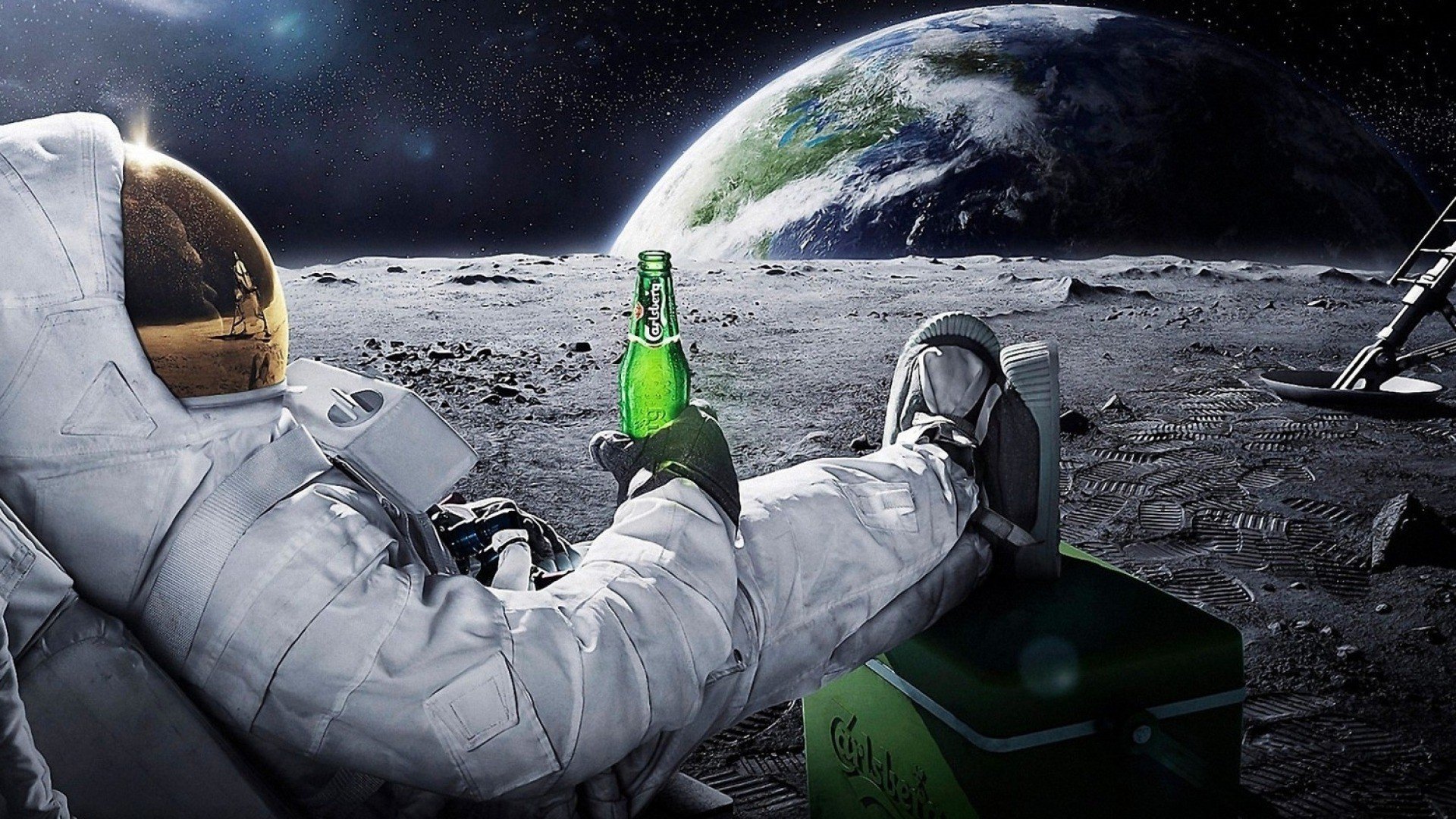 astronaut, Space, Beer, Moon, Earth, Advertisements, Stars, Carlsberg