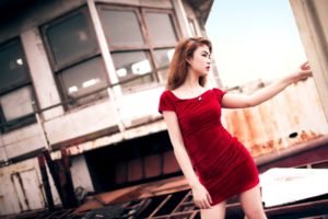 women, Long hair, Women outdoors, Redhead, Asian, Red dress, Open mouth, Industrial, Building