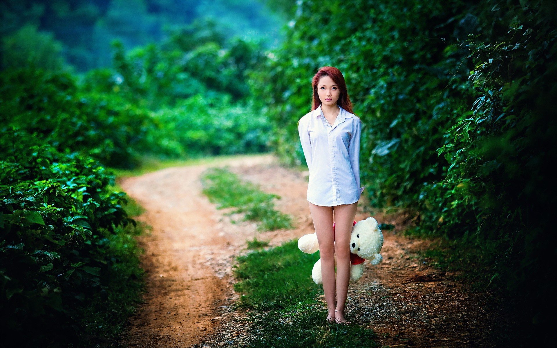 Women Long Hair Women Outdoors Asian Barefoot Blouses Nature Trees Redhead Teddy Bears
