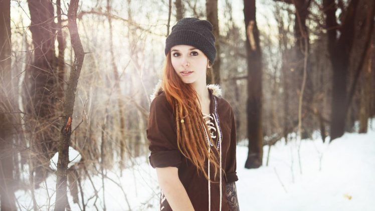 women, Face, Redhead, Winter, Snow, Sunlight, Trees, Tattoo, Dreadlocks HD Wallpaper Desktop Background