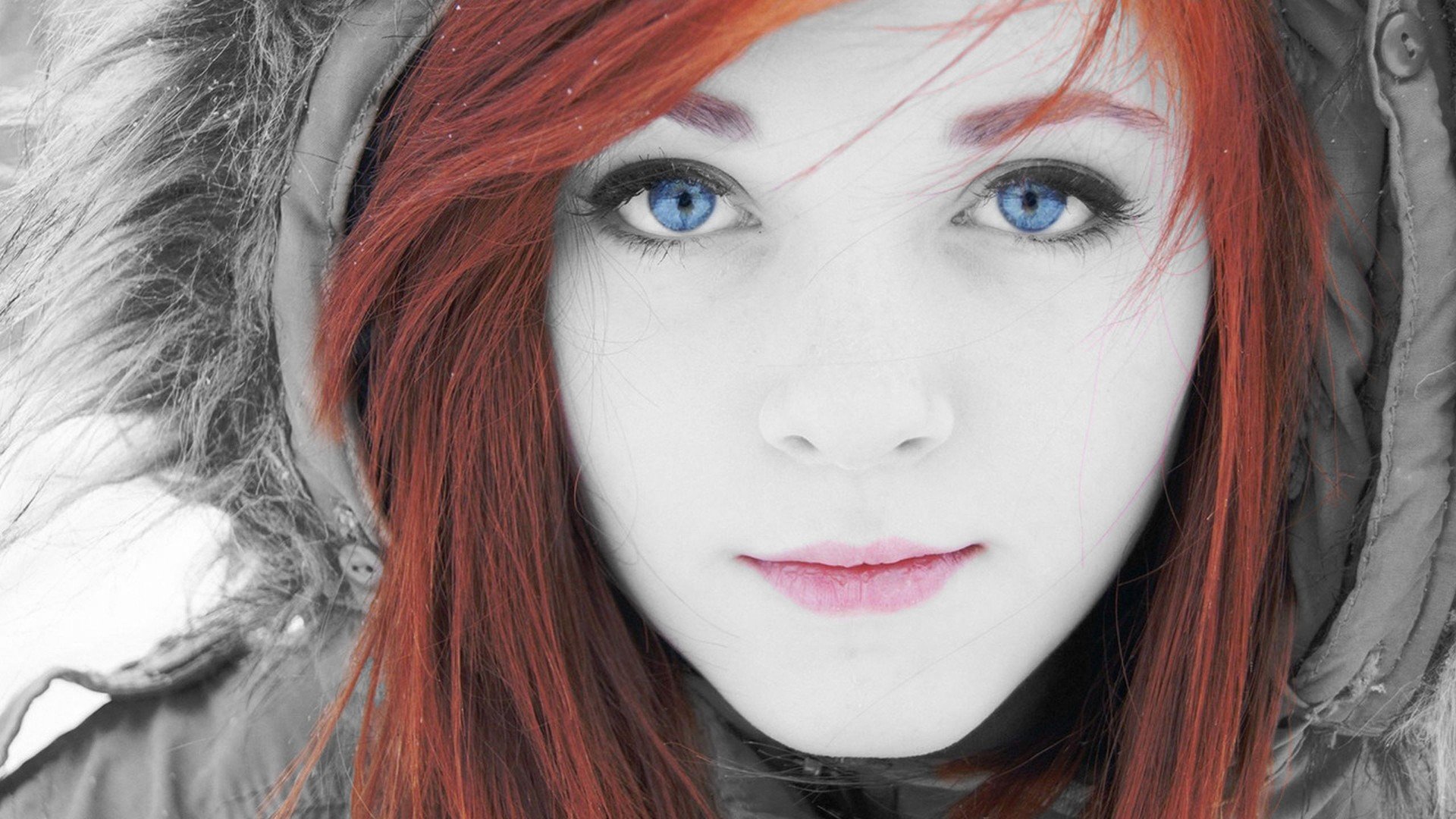 women, Face, Blue eyes, Selective coloring, Redhead Wallpaper