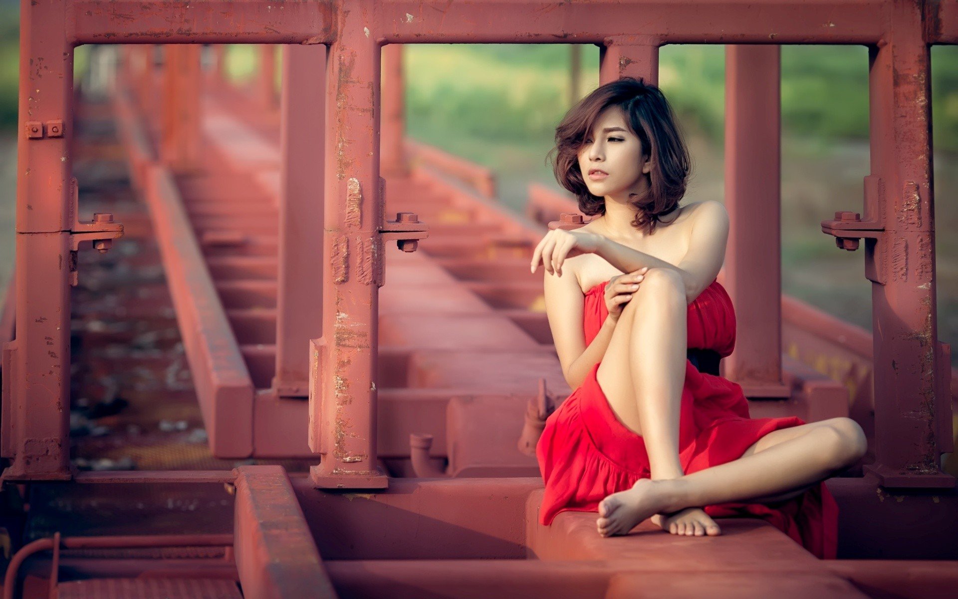 Asian Brunette Women Outdoors Sitting Legs Dress Red