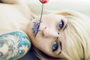 women, Tattoo, Blonde, Blue eyes