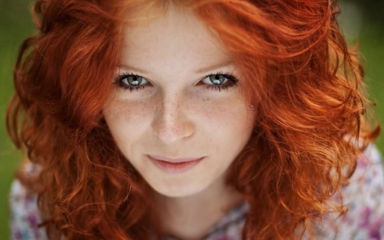 women, Model, Redhead, Face, Blue eyes, Freckles, Women outdoors, Smiling, Long hair, Depth of field HD Wallpaper Desktop Background