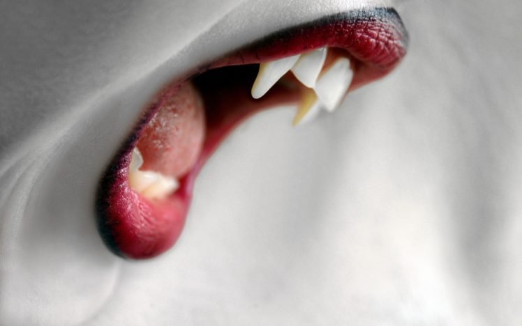 women, Lips, Red lipstick, Teeth, Open mouth, Vampires HD Wallpaper Desktop Background