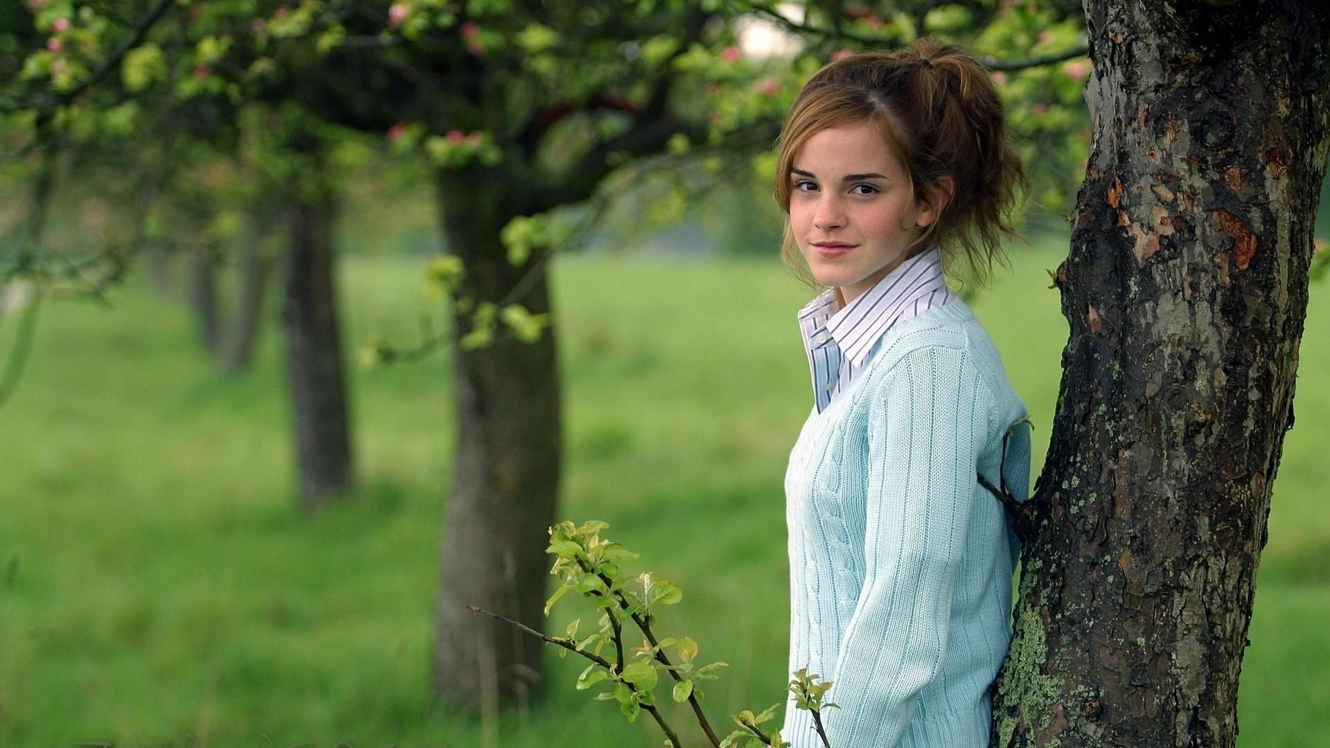 women, Brunette, Long hair, Women outdoors, Trees, Emma Watson, Actress, Smiling, Sweater, Shirt Wallpaper