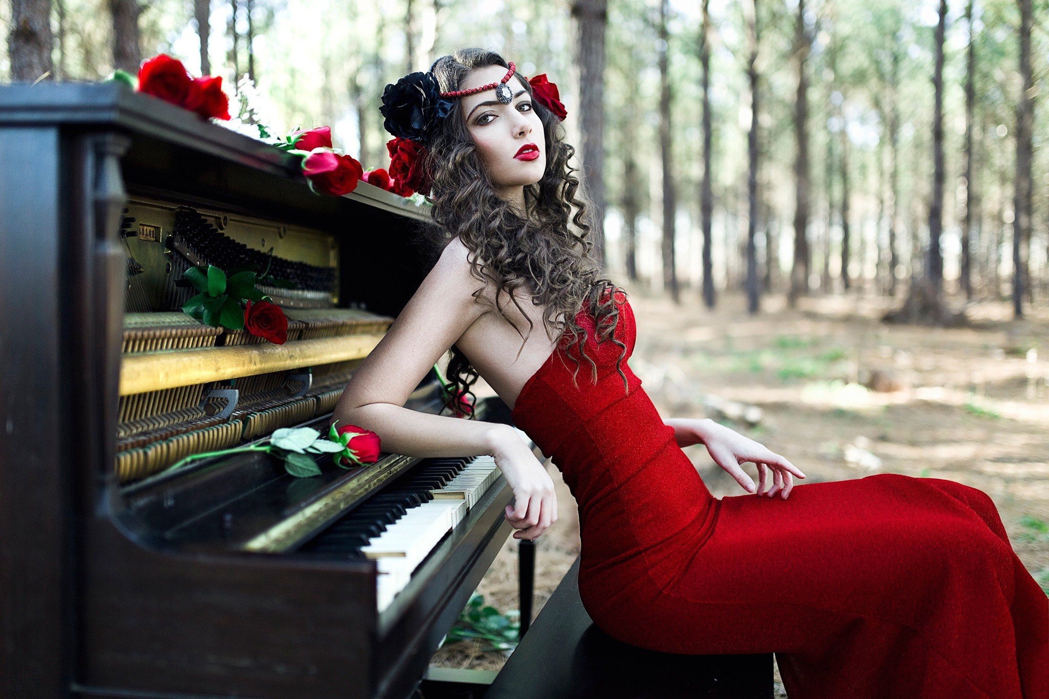 women, Model, Brunette, Long hair, Women outdoors, Trees, Red lipstick, Red dress, Piano, Open mouth, Rose, Sitting, Headband, Curly hair, Red flowers Wallpaper