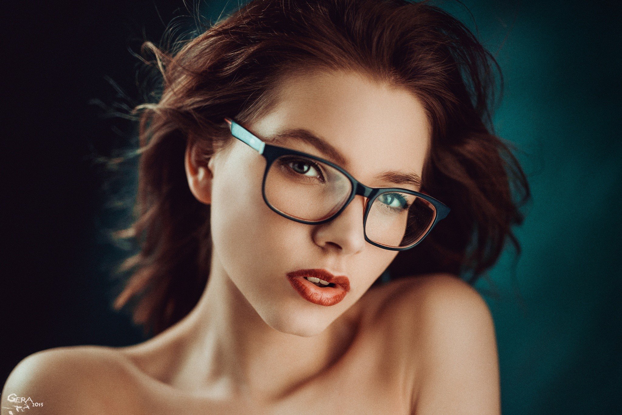 model, Redhead, Red lipstick, Glasses, Open mouth, Georgiy Chernyadyev, Women, Face, Portrait, Women with glasses Wallpaper