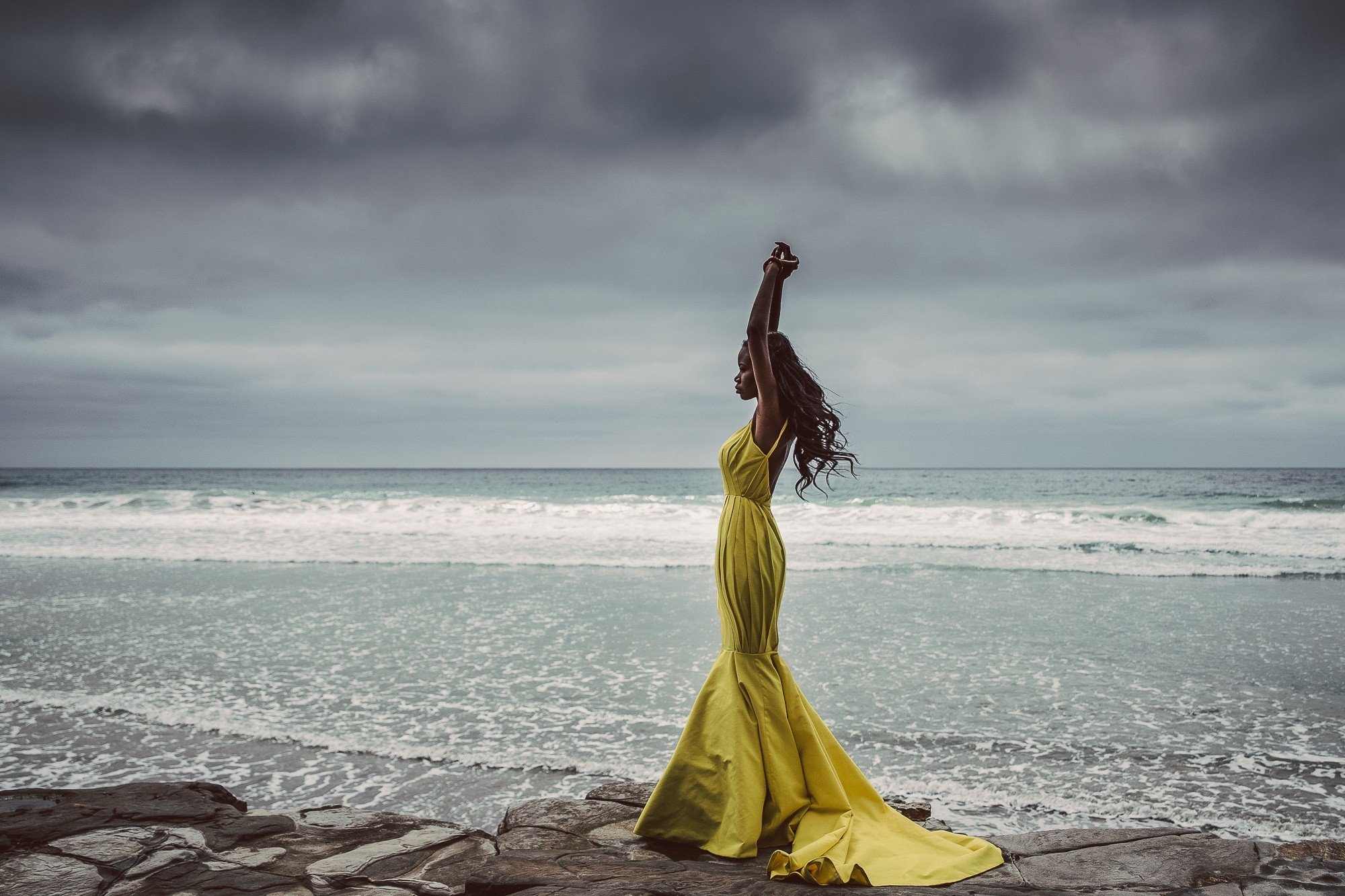 women, Model, Nature, Sea, Yellow dress, Arms up, Dark skin Wallpaper
