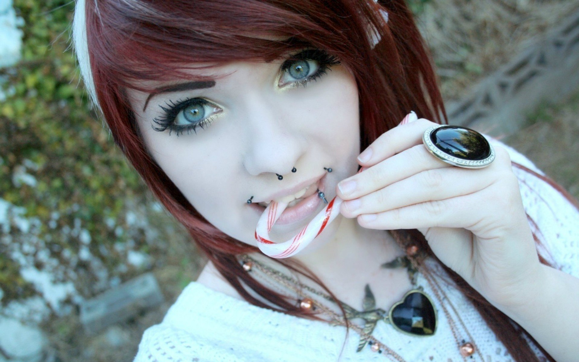 Women Model Long Hair Women Outdoors Piercing Blue Eyes Redhead Pierced Nose Sweets