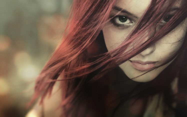 women, Redhead, Green eyes, Lipstick, Depth of field HD Wallpaper Desktop Background
