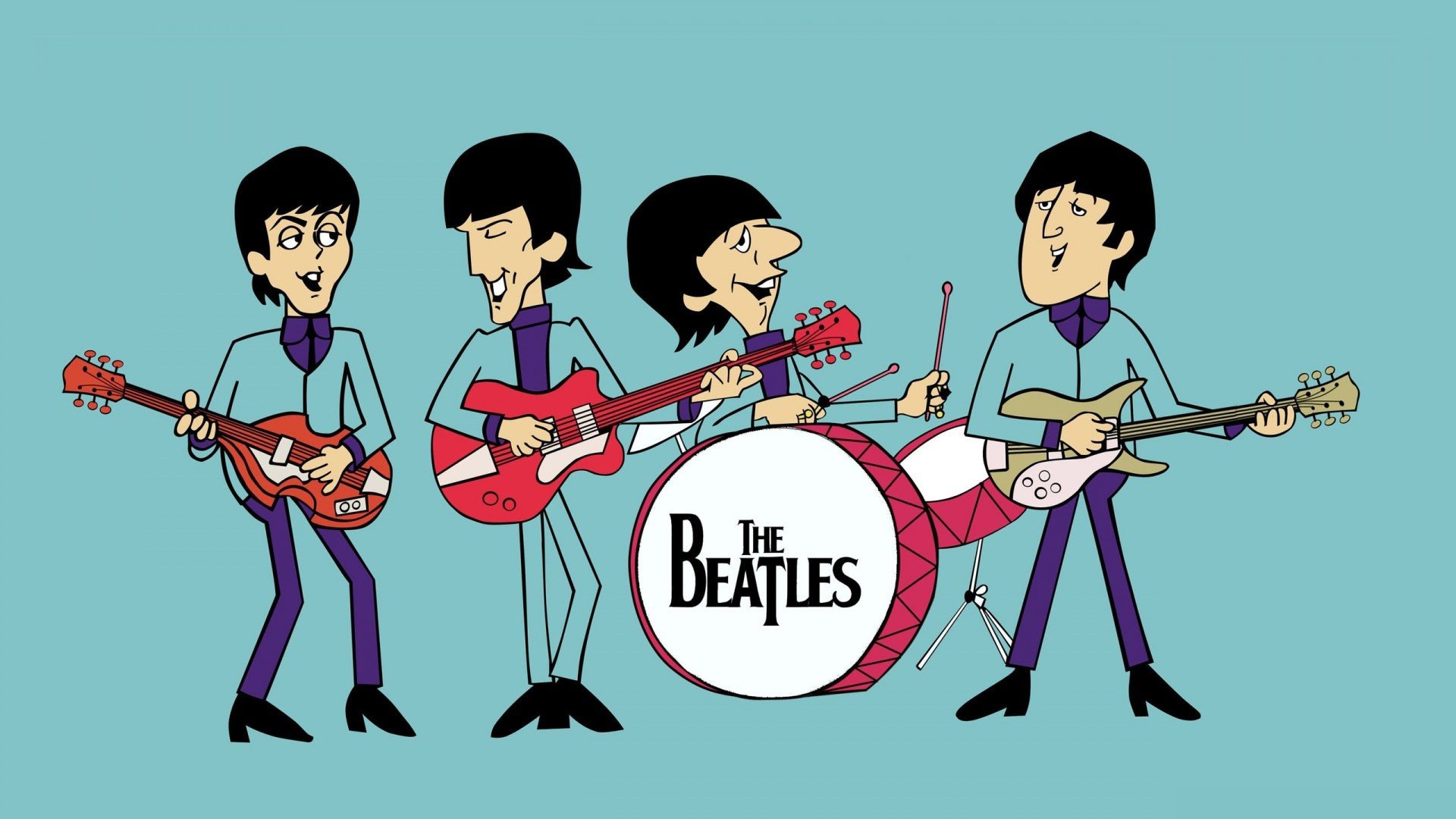 musicians, Singer, Blue background, Guitar, Drums, John Lennon, Paul McCartney, George Harrison, Ringo Starr, Legend, The Beatles, Cartoon Wallpaper